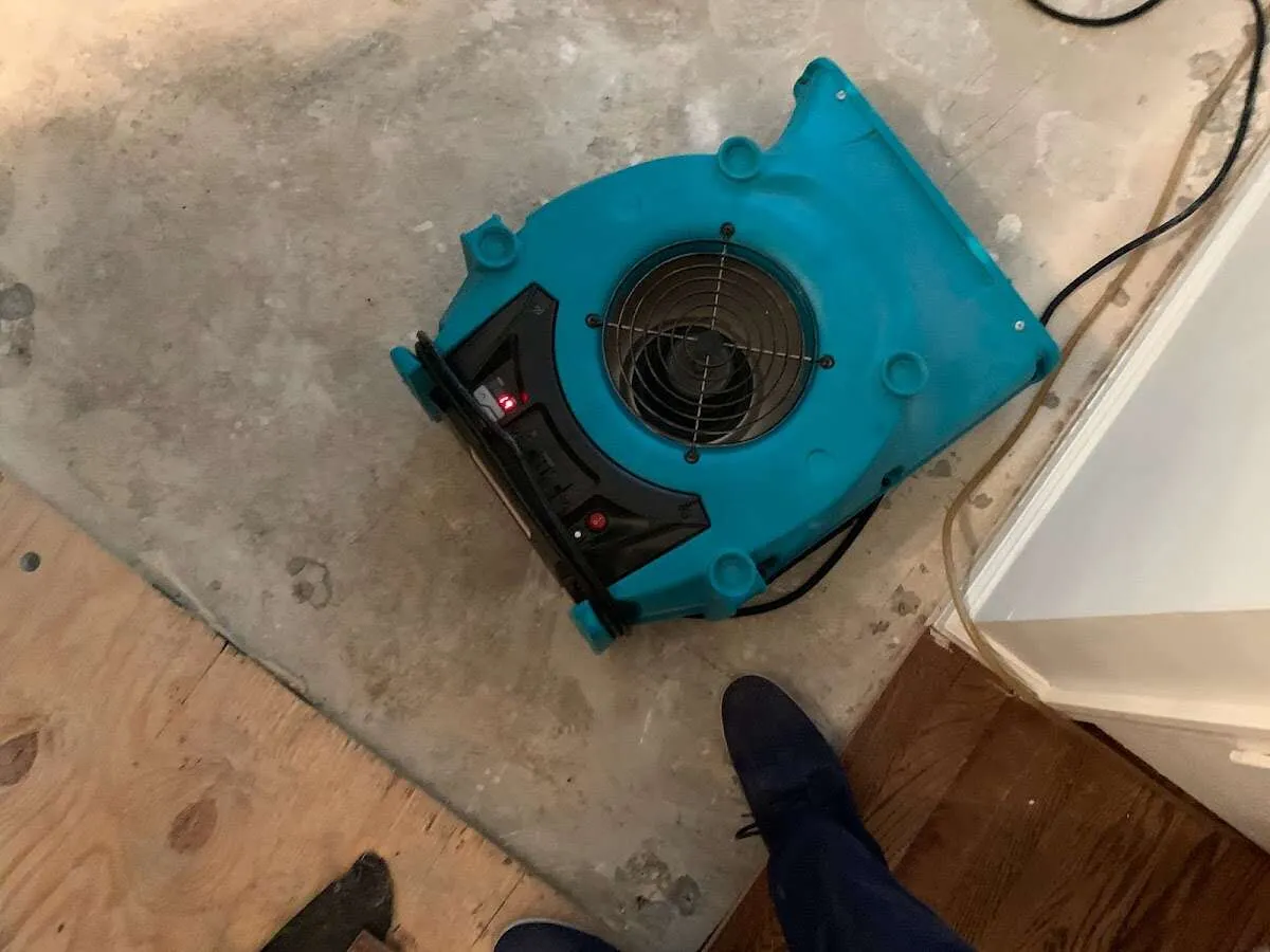 Air mover drying subfloor during Leak Detection & Repair in Rockport